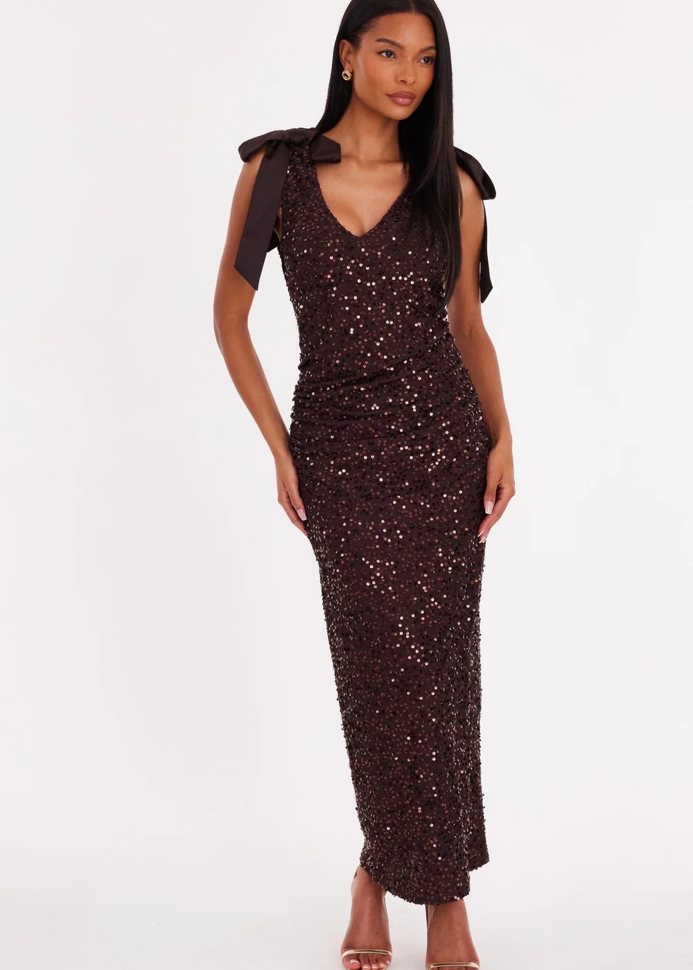 Quiz Brown Sequin Bow Detail Midaxi Dress - 14 | Matalan Quiz Brown Sequin Bow Detail Midaxi Dress - 14 | Matalan