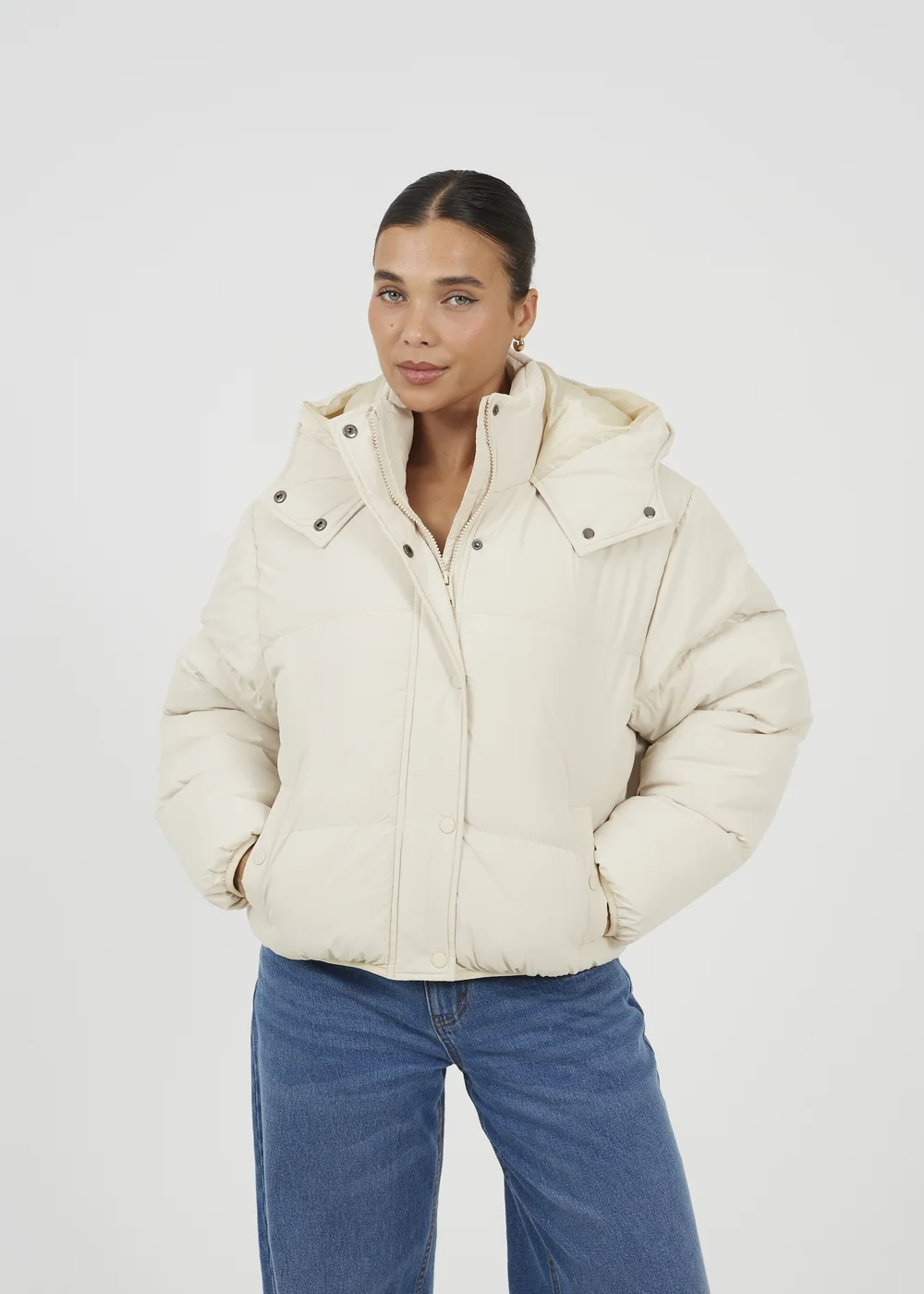 Brave Soul Cream Oversized Hooded Short Puffer Jacket - 14 Image 1