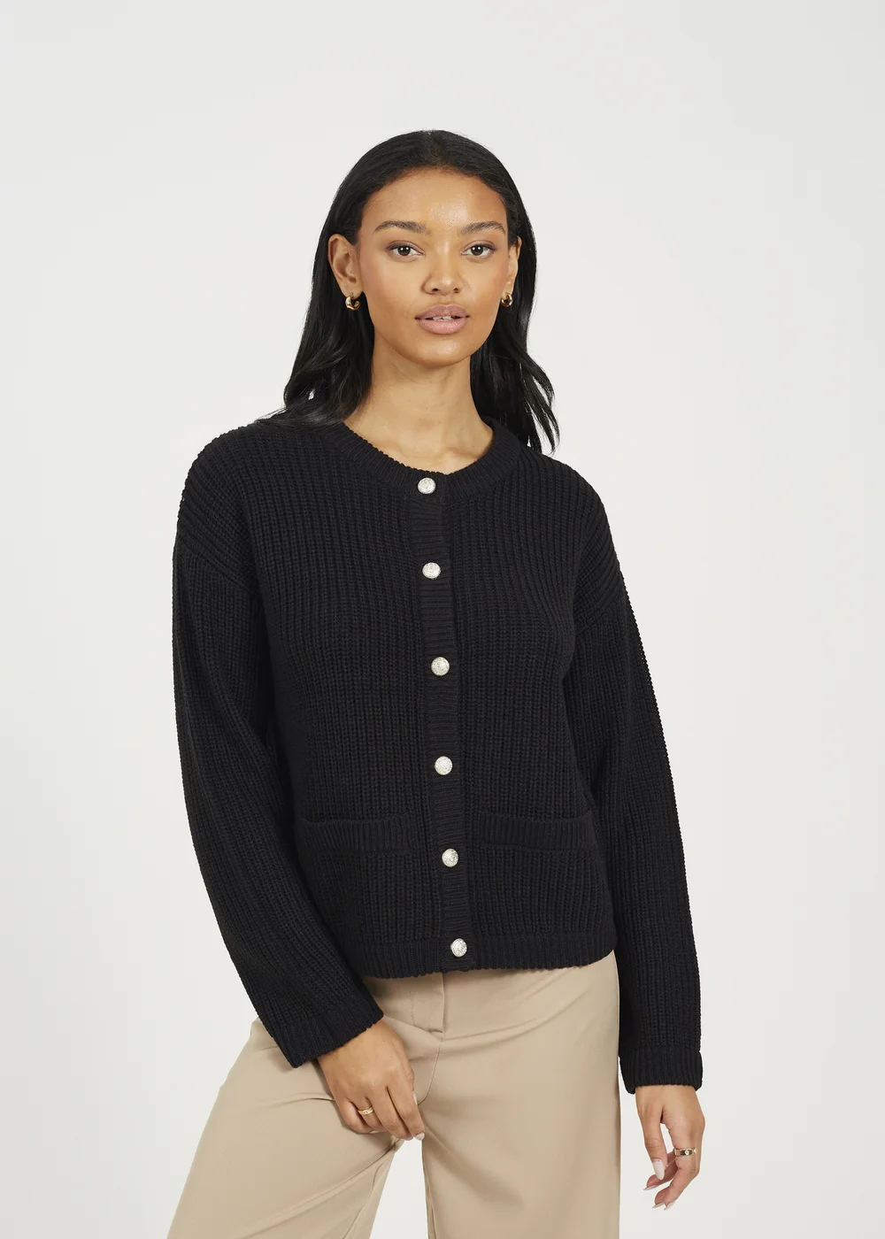 Brave Soul Black Round Neck Fisherman Knit Cardigan - XL Image 1