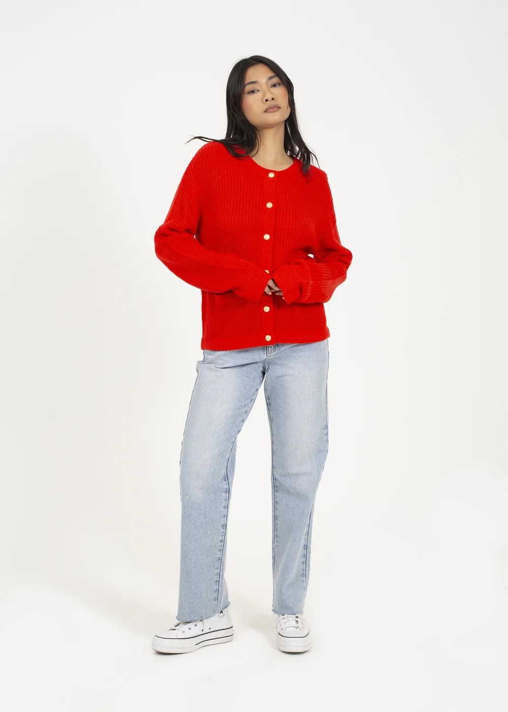 Brave Soul Red Round Neck Fisherman Knit Cardigan - XL Image 4