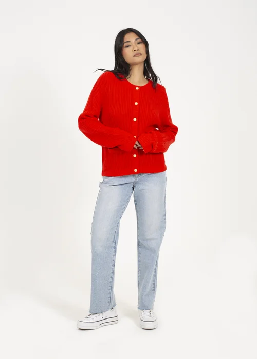 Brave Soul Red Round Neck Fisherman Knit Cardigan - XL Image 4