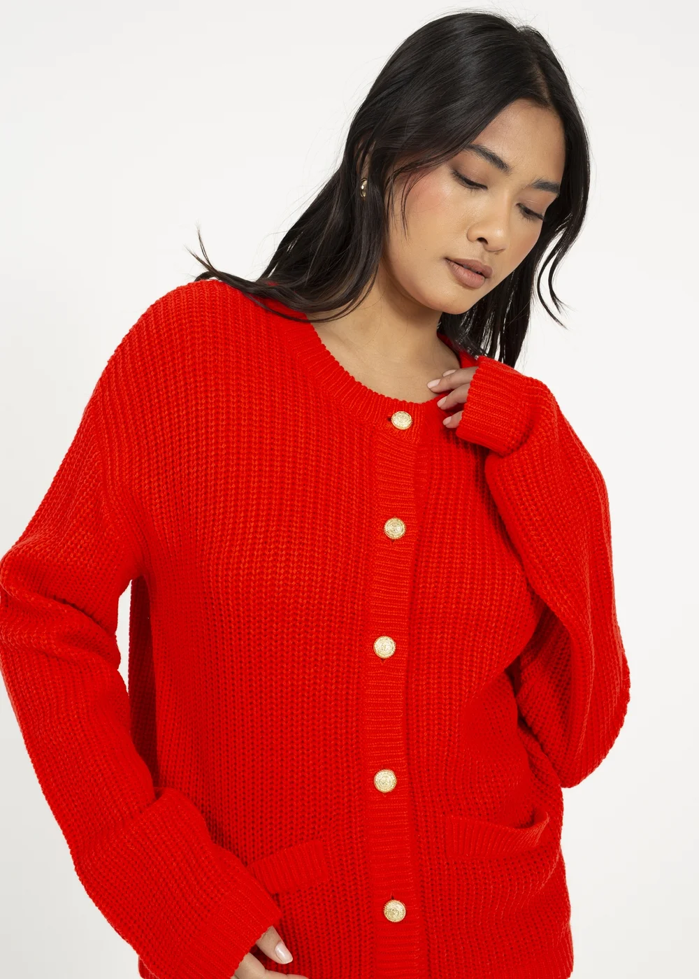 Brave Soul Red Round Neck Fisherman Knit Cardigan - XL Image 3