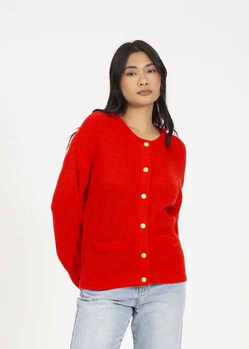 Brave Soul Red Round Neck Fisherman Knit Cardigan - XL Image 1