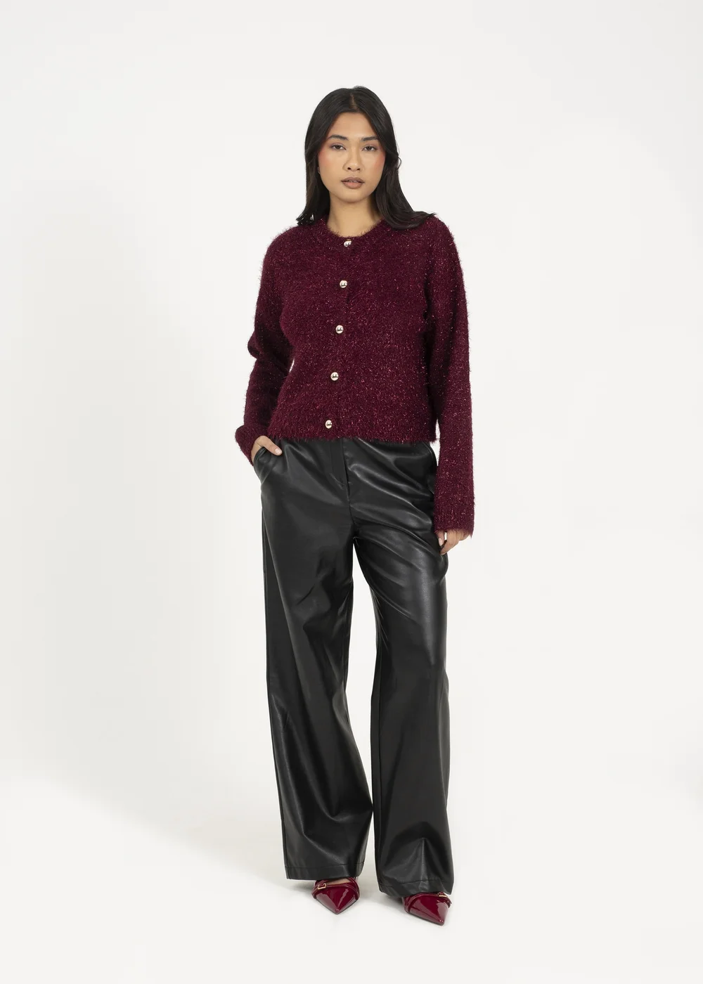 Brave Soul Burgundy Fluffy Tinsel Knit Cardigan - XS Image 4