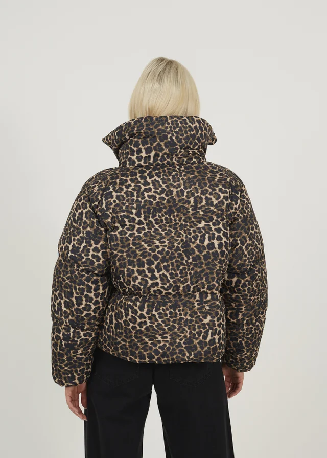 Brave Soul Brown Leopard Print Short Puffer Jacket With Oversized Collar