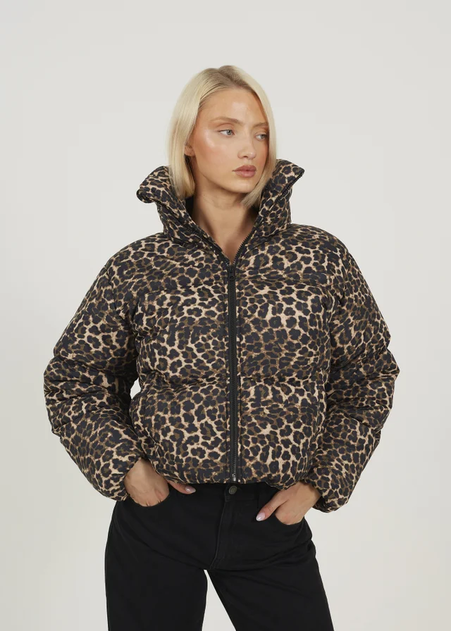 Brave Soul Brown Leopard Print Short Puffer Jacket With Oversized Collar