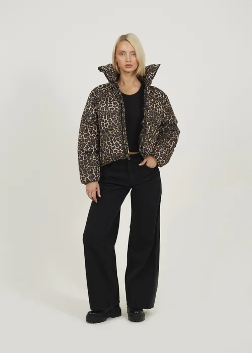 Brave Soul Brown Leopard Print Short Puffer Jacket With Oversized Collar - 14 Image 4