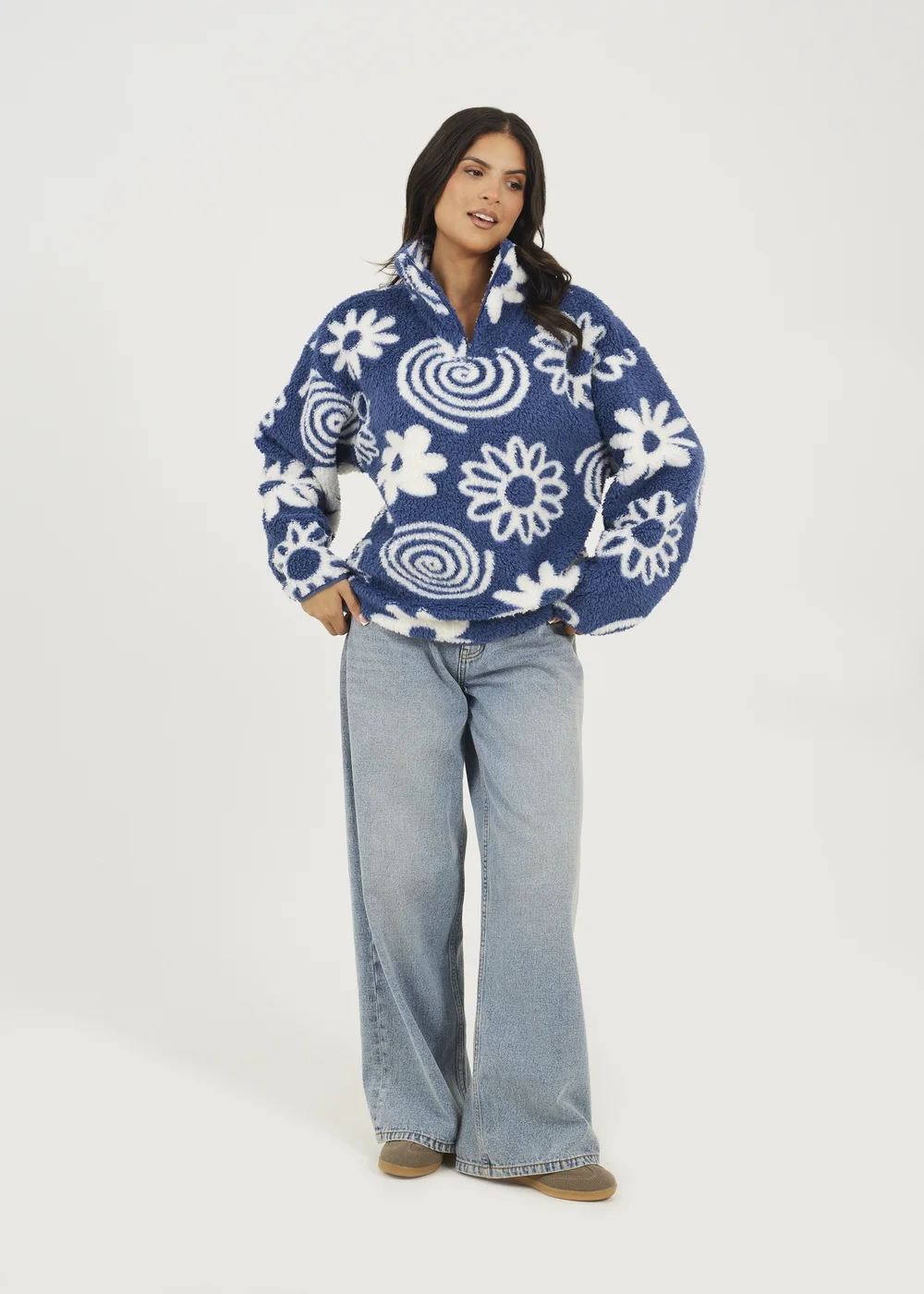 Brave Soul Blue Quarter Zip Flower Print Sherpa Fleece - S Image 4