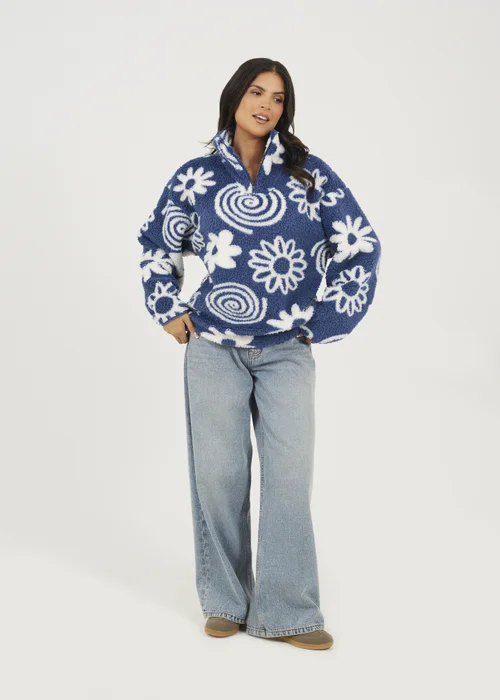 Brave Soul Blue Quarter Zip Flower Print Sherpa Fleece - S Image 4