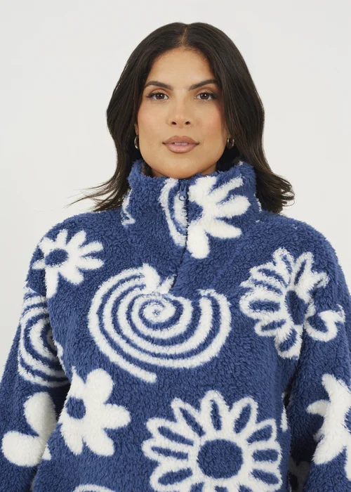 Brave Soul Blue Quarter Zip Flower Print Sherpa Fleece - S Image 3