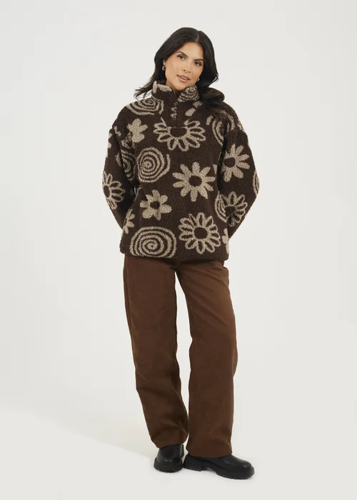 Brave Soul Chocolate Quarter Zip Flower Print Sherpa Fleece - XS Image 4