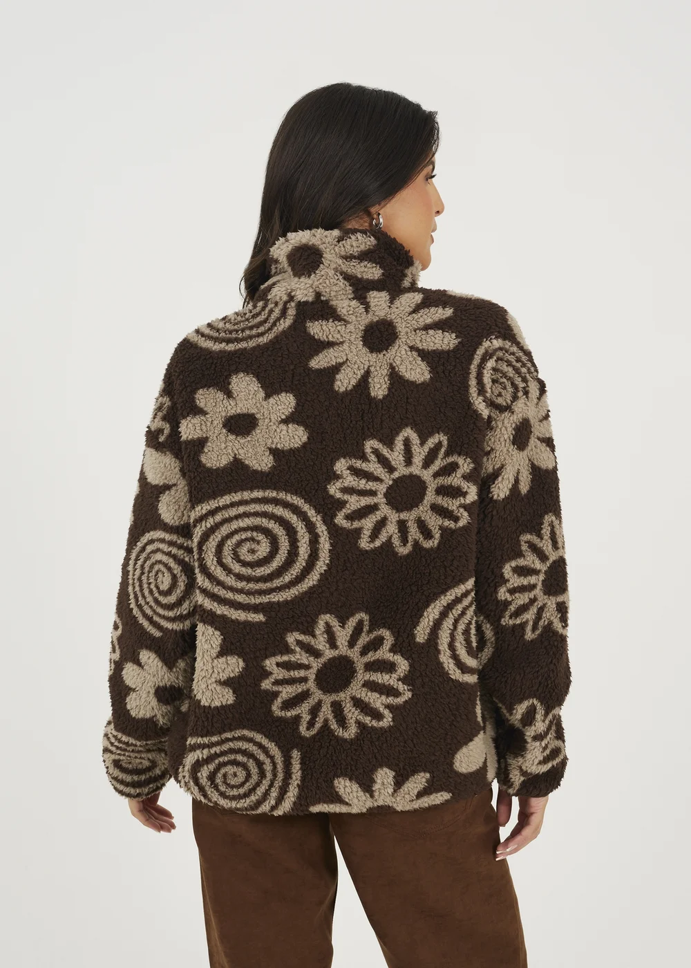 Brave Soul Chocolate Quarter Zip Flower Print Sherpa Fleece - XS Image 2