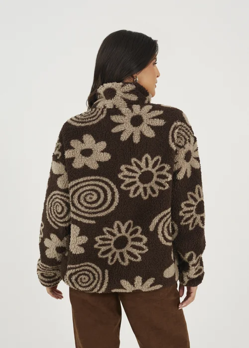 Brave Soul Chocolate Quarter Zip Flower Print Sherpa Fleece - XS Image 2