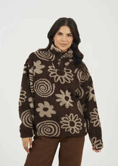 Brave Soul Chocolate Quarter Zip Flower Print Sherpa Fleece - XS Image 1