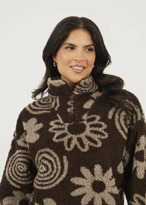 Brave Soul Chocolate Quarter Zip Flower Print Sherpa Fleece - XS Image 3