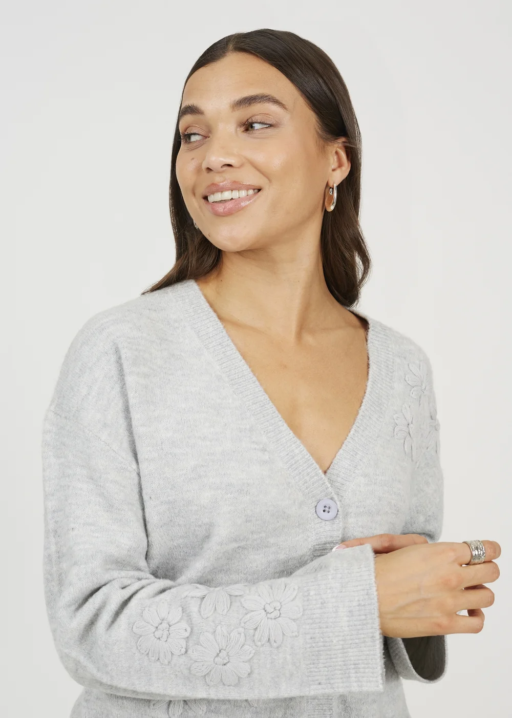 Brave Soul Light Grey Floral Embroidery V-Neck Cardigan - XS Image 3
