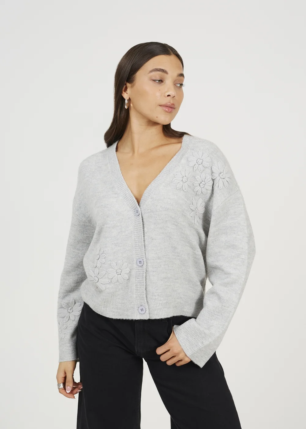 Brave Soul Light Grey Floral Embroidery V-Neck Cardigan - XS Image 1