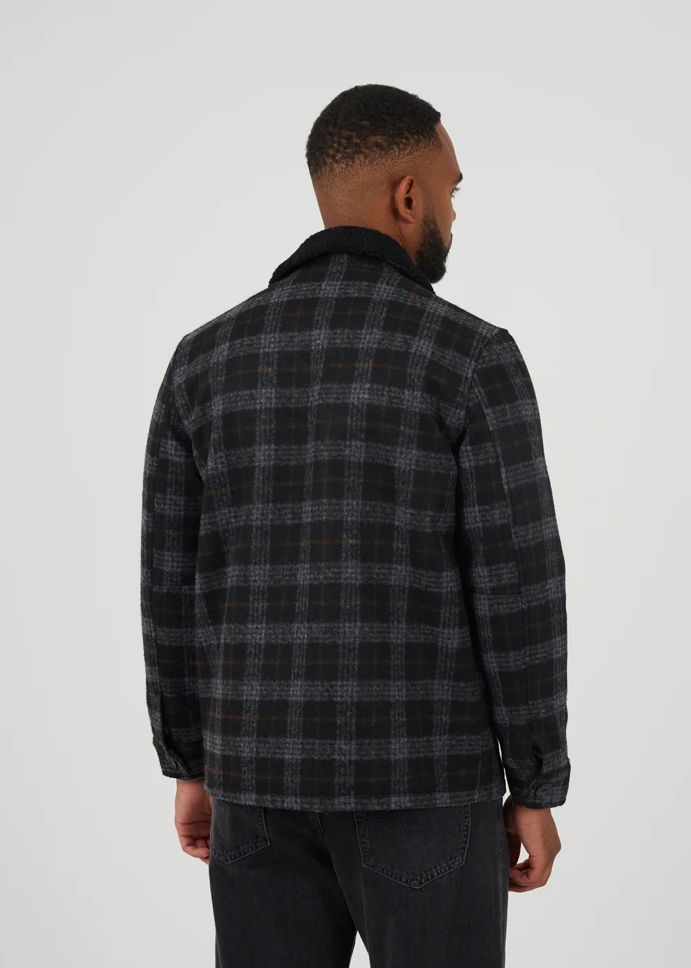 Brave Soul Black Checked Jacket With Sherpa Collar - M Image 2