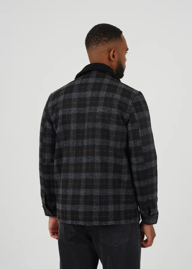 Brave Soul Black Checked Jacket With Sherpa Collar