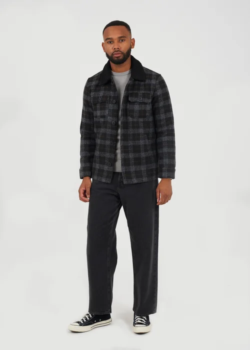 Brave Soul Black Checked Jacket With Sherpa Collar - M Image 4
