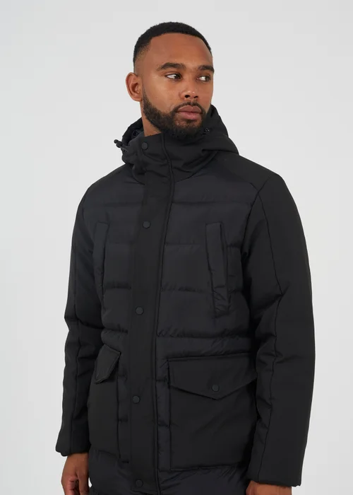 Brave Soul Black Padded Hooded Longline Jacket - S Image 3