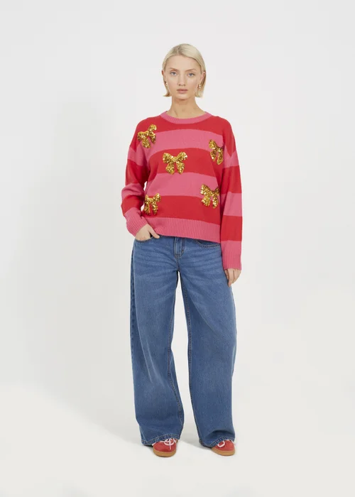 Brave Soul Red Stripe Sequin Detail Christmas Jumper - XL Image 4