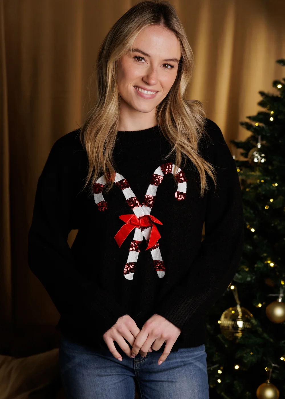 Brave Soul Black Crew Neck Sequin Graphic Christmas Jumper - XL Image 1