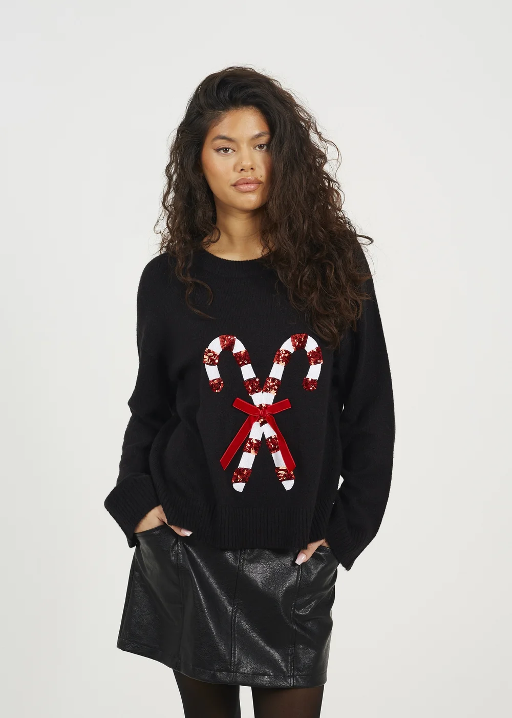 Brave Soul Black Crew Neck Sequin Graphic Christmas Jumper - XL Image 2