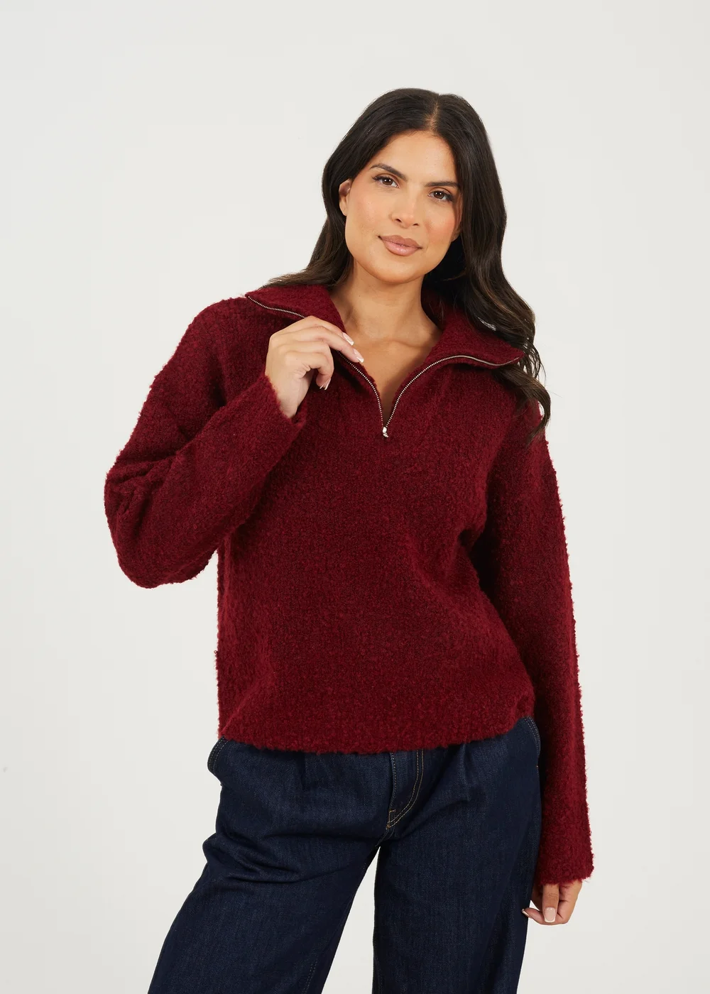 Brave Soul Burgundy Boucle Yarn Jumper With Zip Neck - M Image 1