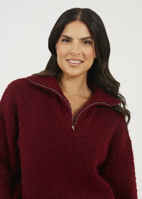 Brave Soul Burgundy Boucle Yarn Jumper With Zip Neck - M Image 3