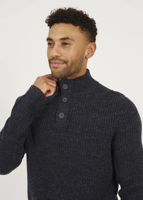 Brave Soul Navy Funnel Neck Jumper with Buttons - 2XL Image 3