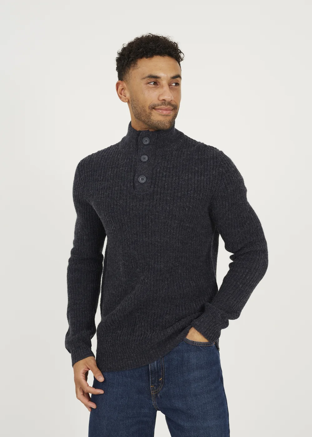 Brave Soul Navy Funnel Neck Jumper with Buttons - 2XL Image 1