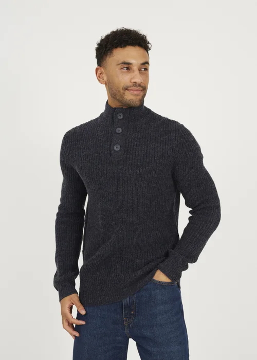 Brave Soul Navy Funnel Neck Jumper with Buttons - 2XL Image 1