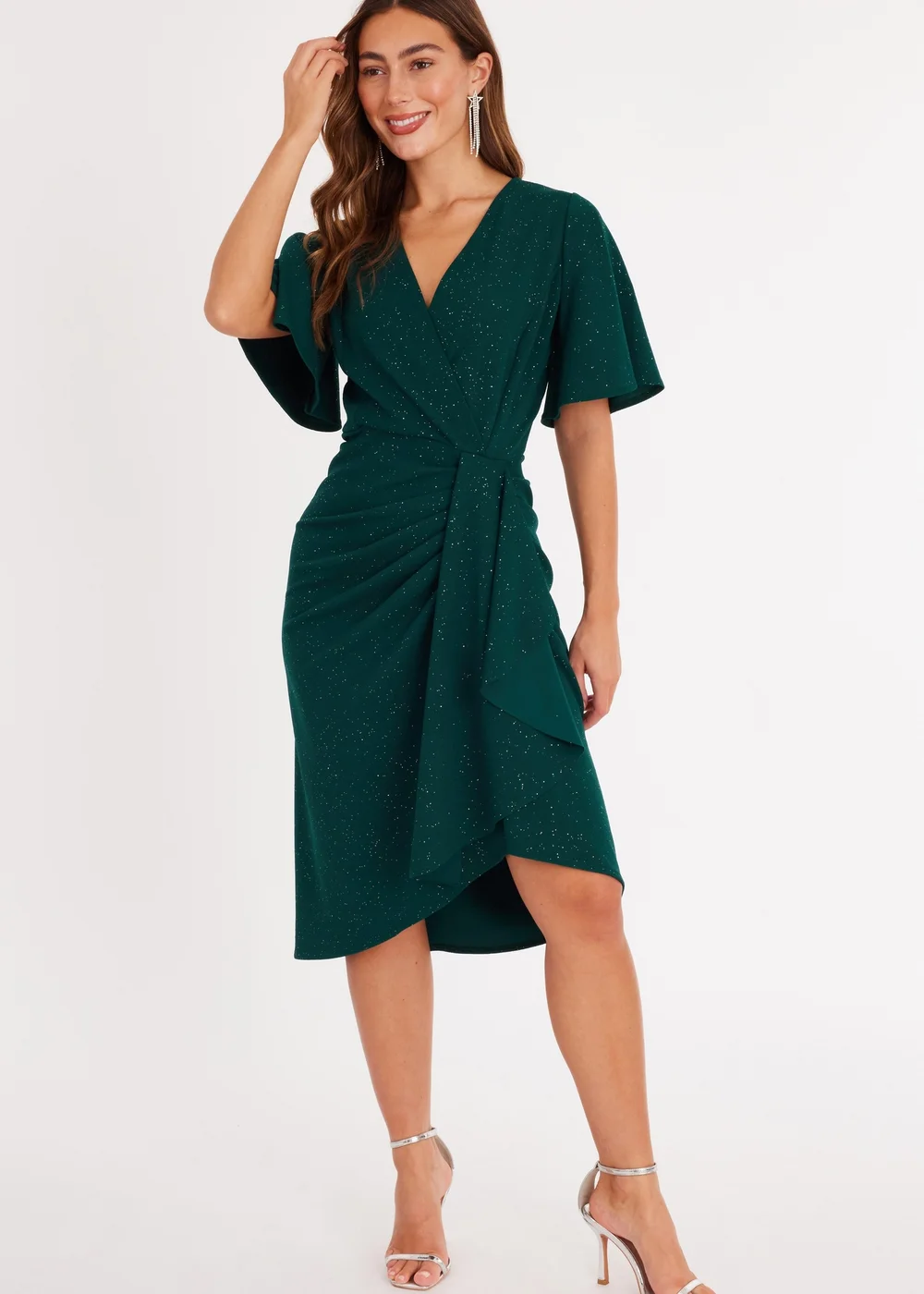 Quiz Green Glitter Ruched Midi Dress - 18 | Matalan Quiz Green Glitter Ruched Midi Dress - 18 | Matalan