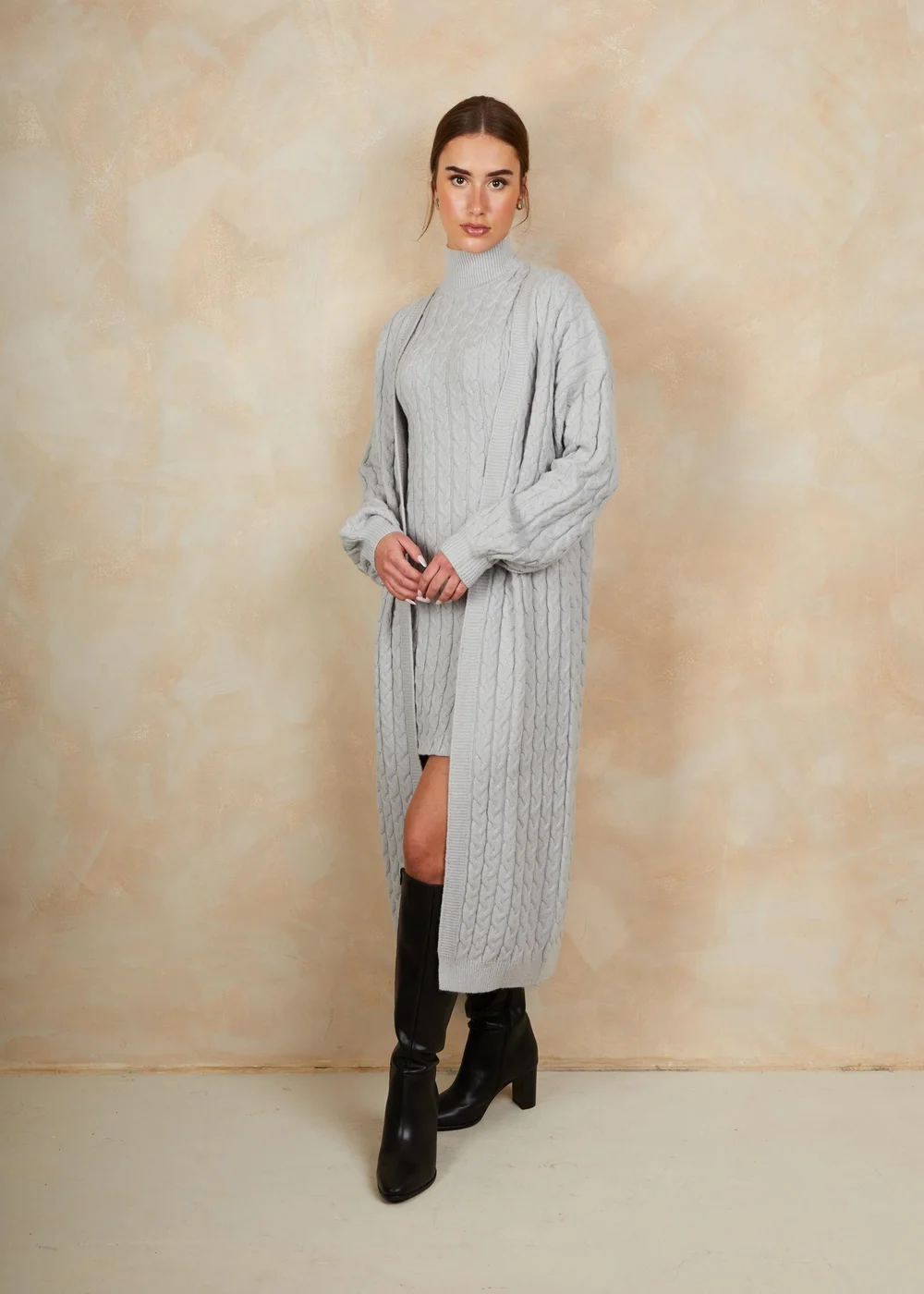 Chi Chi London Grey All-Over Knitted Cable Longline Cardigan - XS Image 2