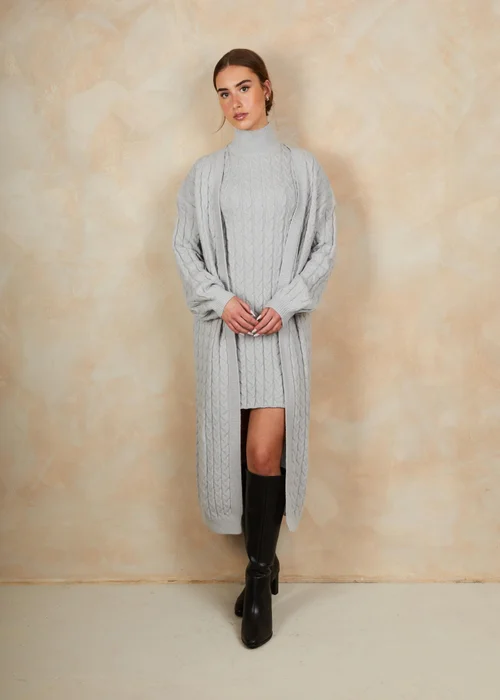 Chi Chi London Grey All-Over Knitted Cable Longline Cardigan - XS Image 1