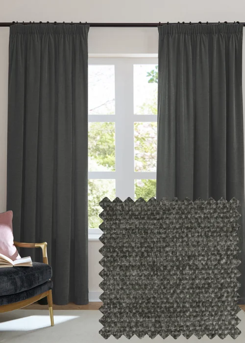 Furn Soft Chenille Blackout Pencil Pleat Curtain Pair Charcoal Grey - 46W X 54D (117x137cm Image 1