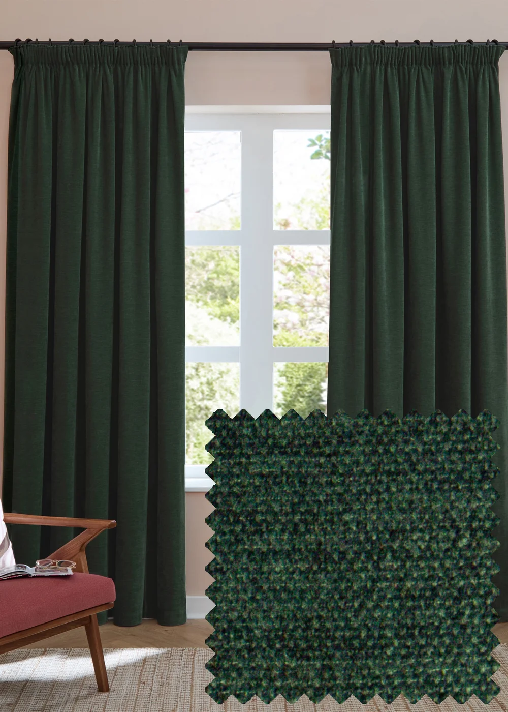 Furn Soft Chenille Blackout Pencil Pleat Curtain Pair Bottle Green - 46W X 54D (117x137cm Image 1