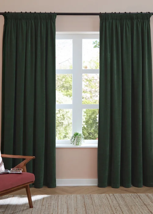 Furn Soft Chenille Blackout Pencil Pleat Curtain Pair Bottle Green - 46W X 54D (117x137cm Image 2