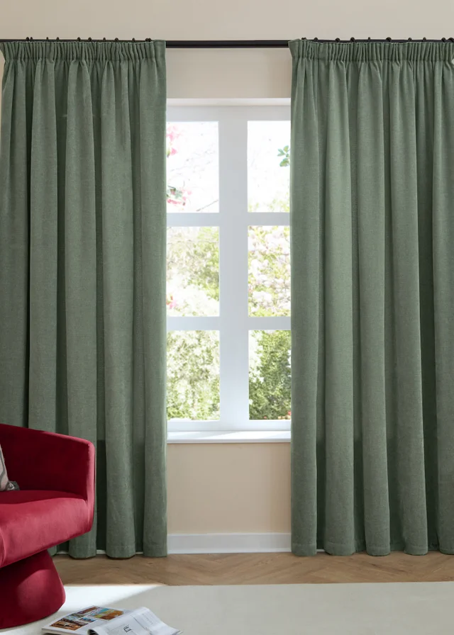 Furn Soft Chenille Blackout Pencil Pleat Curtain Pair Green