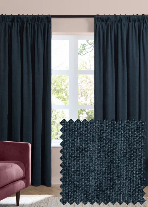 Furn Soft Chenille Blackout Pencil Pleat Curtain Pair Navy - 46W X 54D (117x137cm Image 1