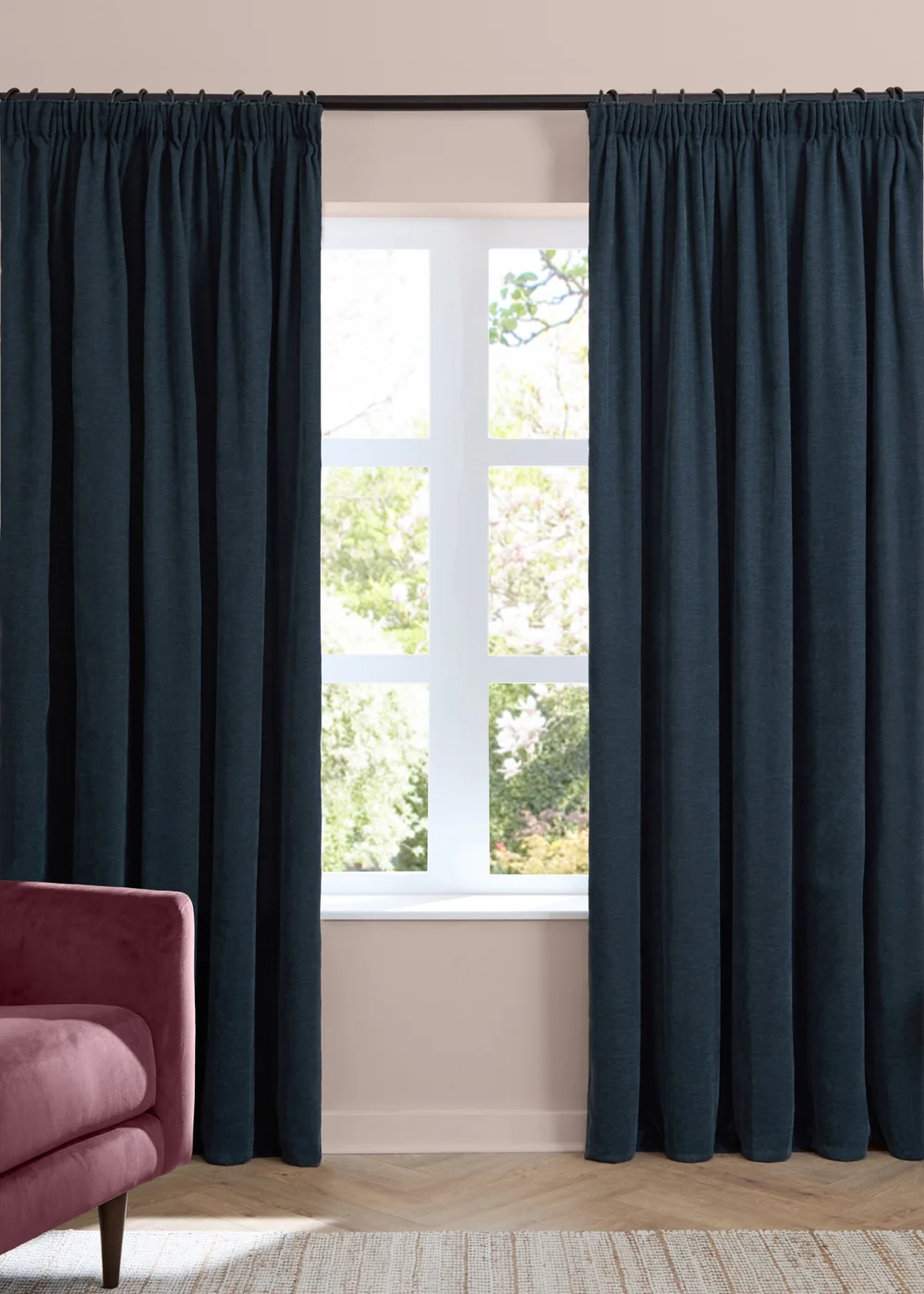 Furn Soft Chenille Blackout Pencil Pleat Curtain Pair Navy - 46W X 54D (117x137cm Image 2