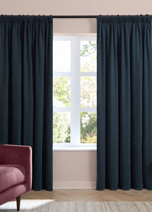 Furn Soft Chenille Blackout Pencil Pleat Curtain Pair Navy - 46W X 54D (117x137cm Image 2
