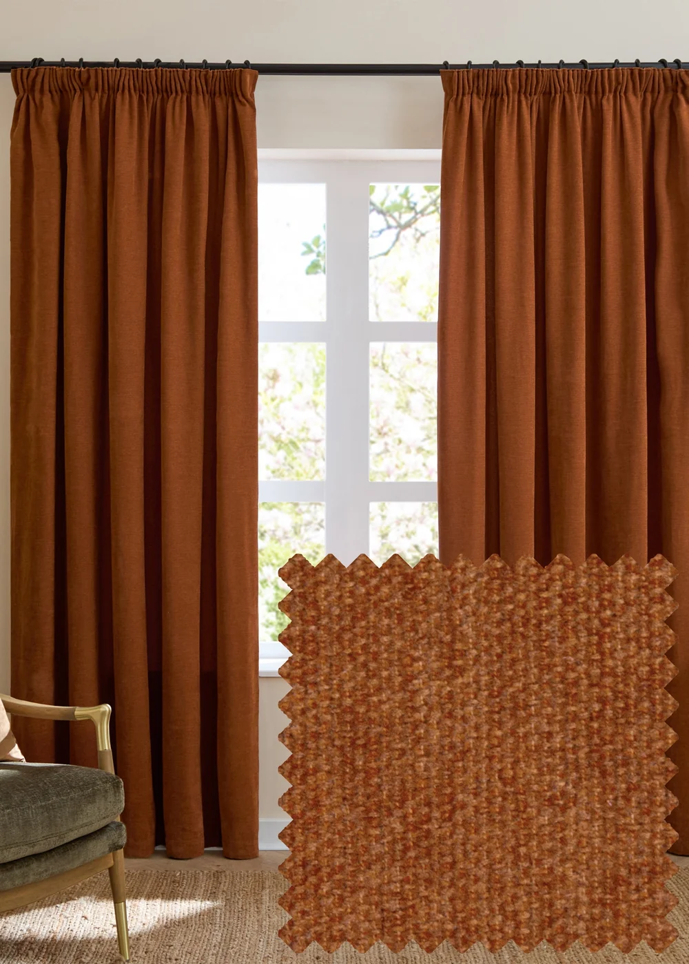 Furn Soft Chenille Blackout Pencil Pleat Curtain Pair Rust - 46W X 54D (117x137cm Image 1
