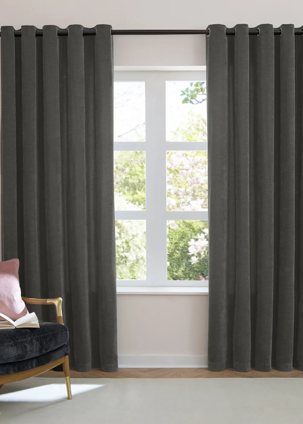 Furn Soft Chenille Blackout Eyelet Curtain Pair Charcoal Grey - 46W X 54D (117x137cm Image 2