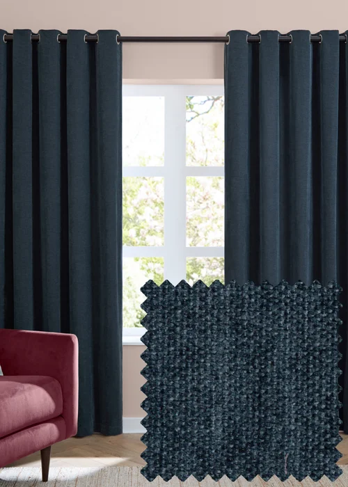 Furn Soft Chenille Blackout Eyelet Curtain Pair Navy - 46W X 54D (117x137cm Image 1