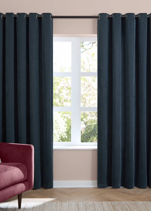 Furn Soft Chenille Blackout Eyelet Curtain Pair Navy - 46W X 54D (117x137cm Image 2