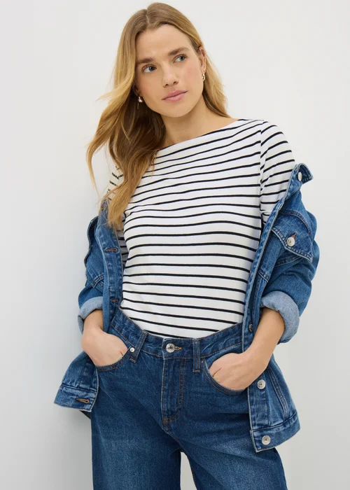 Navy Stripe 3/4 Sleeve Fitted T-Shirt - 12 Image 1