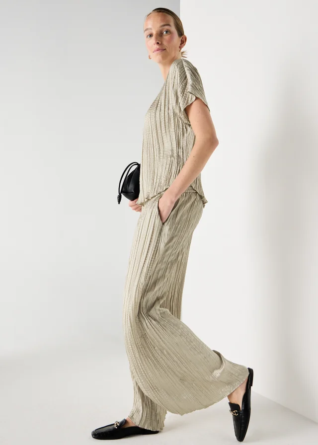 Et Vous Taupe Crinkle Satin Wide Leg Co Ord Trousers