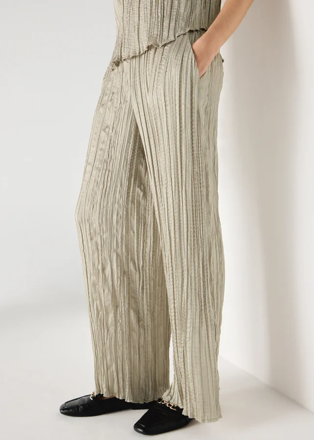 Et Vous Taupe Crinkle Satin Wide Leg Co Ord Trousers
